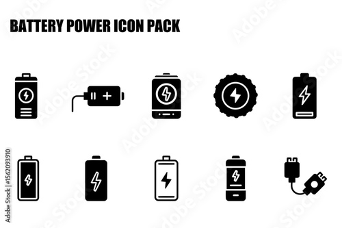 Battery power icon pack. various battery types and charging icons in a flat, simple style. Vector graphics for graphic design. Illustrations for technology and energy usage -