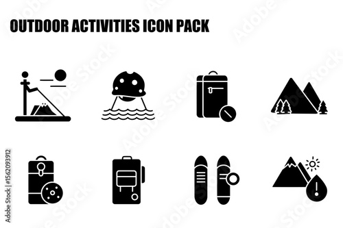 Outdoor activity icons depicting various sports and gear. A collection of silhouettes of people participating in water sports, flying vehicles, luggage, and mountain scenes.