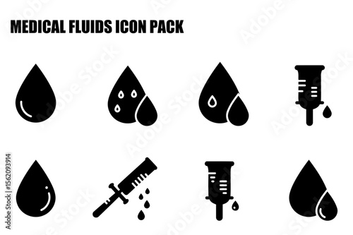 Medical fluids icon pack showing various medical equipment and fluids. Collection of simple, black and white medical icons on a white background.