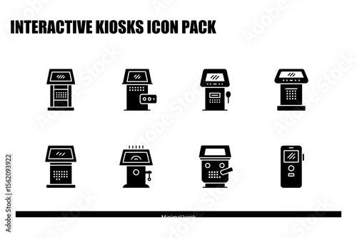 Interactive kiosks in various configurations shown in a black and white icon set. Different models for public use at a business or public area.