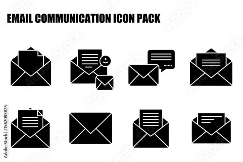 Email communication icons displaying various interactions in different styles. Flat, black and white icons show email envelopes with documents, messages, and a smiley face.