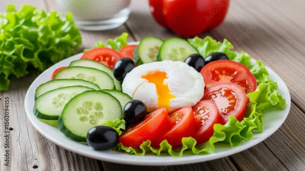 Fresh Salad with Poached Egg and Colorful Vegetables on Wooden Table Fresh Salad with Poached Egg and Colorful Vegetables on Wooden Table