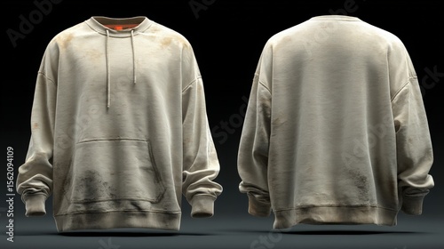 Worn-out grey sweatshirt displayed from front and back against a dark gradient background