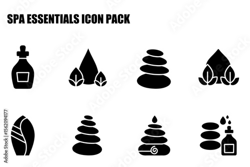 Spa essentials icons with various objects, including oil bottles, water drops, and zen stones. Illustrations of wellness products for a spa or wellness center.