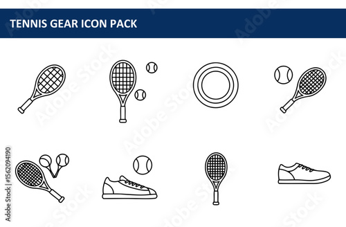 Tennis gear icon pack. Graphic representation of tennis equipment in a simple line drawing style.