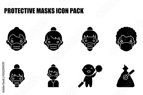 Protective mask wearing icons of diverse demographics in various settings. Female and male figures wearing masks and performing different actions in diverse settings like cleaning.
