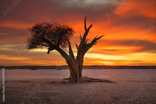 A lonely dry tree in a vast empty desert with broken grounds.