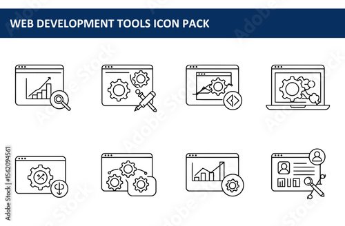 Web development tools icon set with various functions for website analysis, design, and optimization. Collection of graphical representations of web development tools in a simple, clear presentation.
