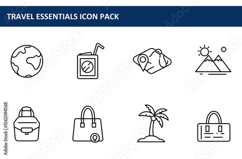 Travel essentials icon pack depicting various elements for global travel. Line illustrations of globe, juice box, map, sun and mountains, suitcase, handbag, palm tree and travel bag.