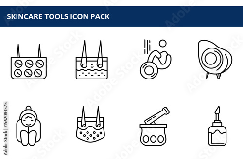 Skincare tools icon pack featuring various procedures and devices. Collection of simple line art images for dermatology.