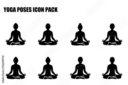 Yoga poses icon pack of diverse individuals in various meditation poses. Silhouette representations of seated postures with a neutral, minimalist backdrop.