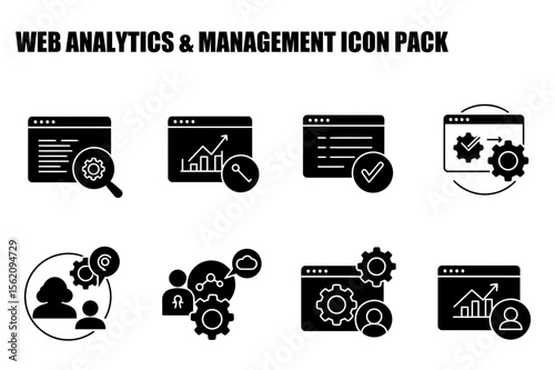 Web analytics and management icon set with various elements depicting data analysis, optimization, and teamwork.