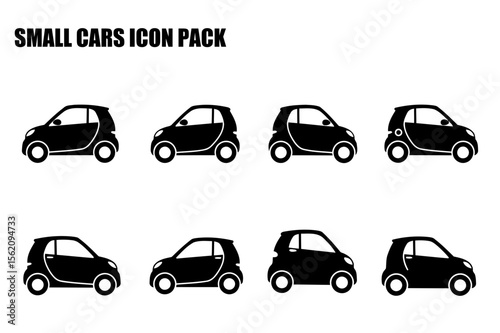 Small car icons in various orientations on a white background. Simple black silhouettes of small cars in profile view, showcasing different angles and orientations.
