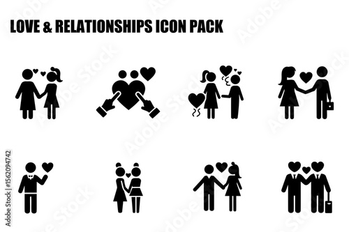 Diverse couples in various stages of romantic relationships depicted in a simple, stylized icon graphic. Love and relationships illustrated in a range of gestures and poses.