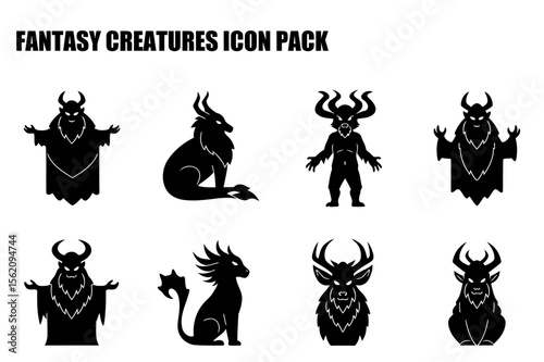 Fantasy creatures silhouettes in various poses and settings. Collection of mythical beings displayed in a simple, graphic design style.