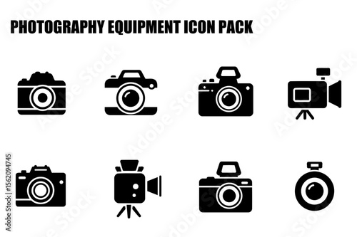Photography equipment icons depicting various cameras and a video camera. Simple, black and white photographic equipment illustrations in a flat design.