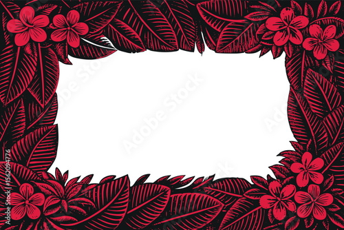 Exotic Tropical Floral Border Design with Red Flowers and Leaves for Decorative Applications and Graphic Design Projects