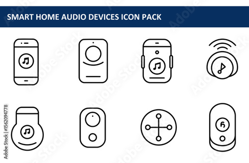 Smart home audio devices icon pack showcasing various devices in a simple, modern style. Collection of outline icons for audio streaming devices displayed against a white background.