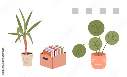 Indoor plants in decorative pots and a storage box filled with books. Ideal for decor, home life, office organization, sustainability, minimalism, eco-living, simple flat metaphor