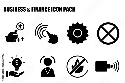 Black and white business and finance icon set featuring various actions and symbols. Collection of business and finance graphic elements for a website or app.