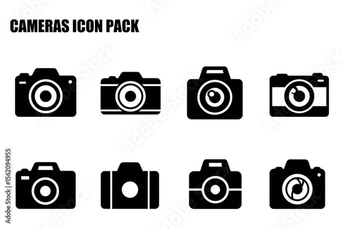 Black and white camera icons in various styles. Simple, graphic representations of cameras in different designs, presented on a white background.