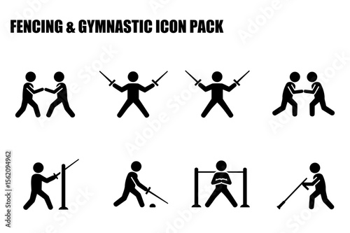 Fencing and gymnastics icons for sports and athletic activity illustrations. Diverse participants engaged in various fencing and gymnastic poses against a white background.
