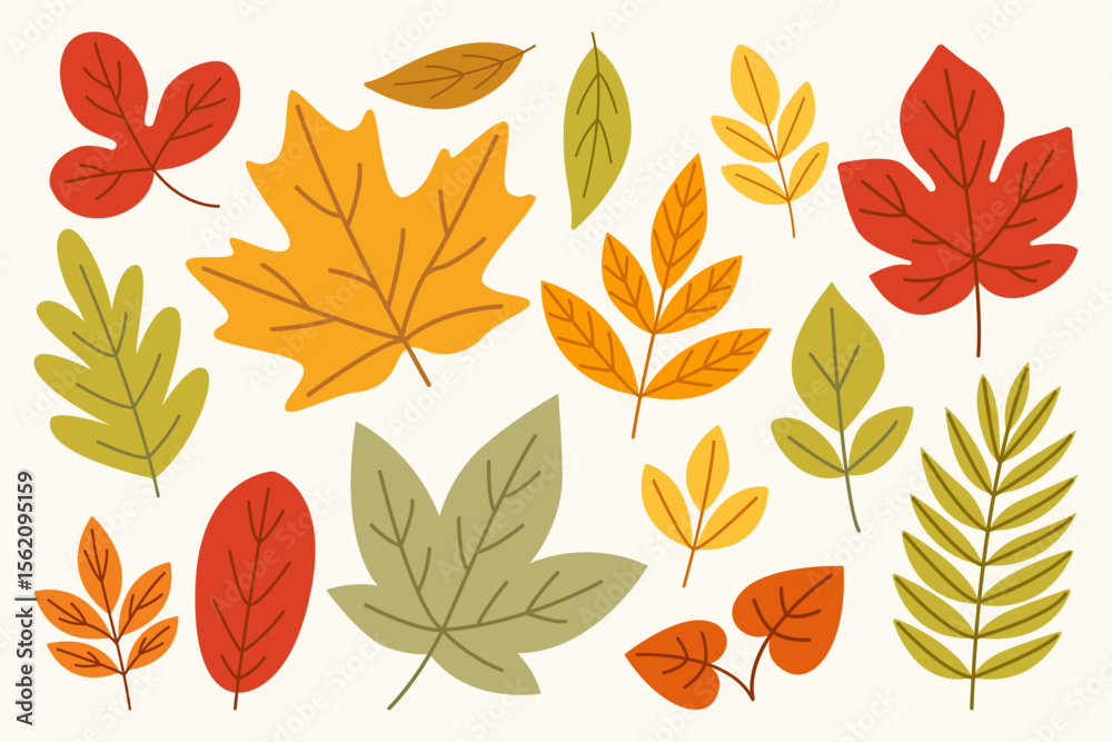 Fototapeta premium Autumn Foliage Set – Flat Illustration of Hand Drawn Leaves in Fall Colors, Ideal for Pattern Making, Seasonal Promotions, and Autumn-Themed Cards