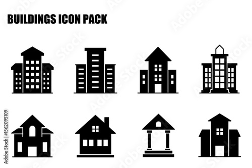 Building icons with various architectural styles. Collection of simple, black silhouettes of buildings, showing diverse structures.