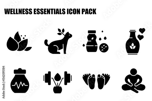 Wellness essentials icon pack depicting various holistic practices and items. Set of black and white icons featuring nature-based wellness, fitness, and relaxation.