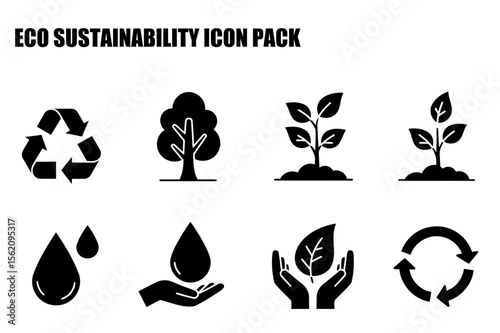 Eco sustainability icons depicting recycling, trees, water, and plant growth.