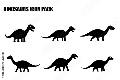 Dinosaur silhouettes in a set of icons. Simple, black silhouettes of various dinosaurs in profile view against a plain white background.