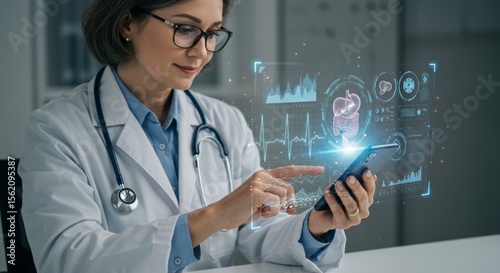Doctor uses phone with holographic medical data overlay