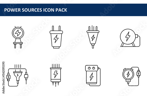 Power sources icon pack showing various types of electrical power sources. Simple black line art icons of different electrical power sources.