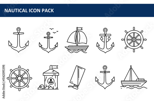 Nautical icon pack featuring various maritime symbols in a simple line art style. Collection of icons depicting anchors, sailing ships, rudders, and a coastal lookout.