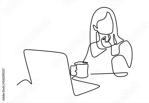 Woman with a laptop.  line icon-continuous line drawing. Editable stroke.