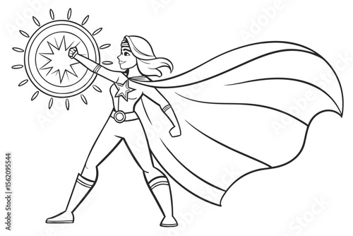 A brave female superheroine holding a glowing shield, ready for action. Simple line art for a children's coloring book, black and white, with thick outlines