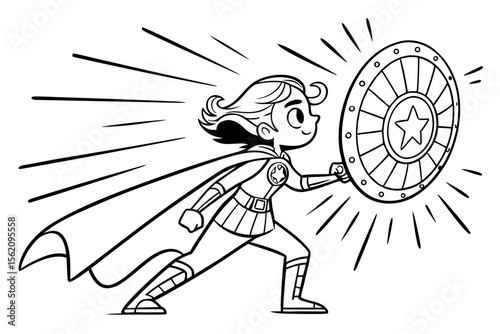 A brave female superheroine holding a glowing shield, ready for action. Simple line art for a children's coloring book, black and white, with thick outlines