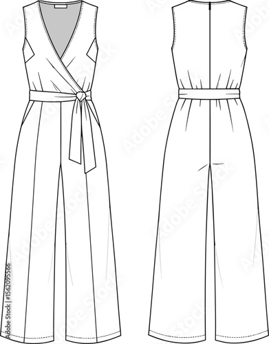 Sleeveless jumpsuit technical fashion sketch, front and back flat view, cad drawing, vector illustration for garment design, apparel production