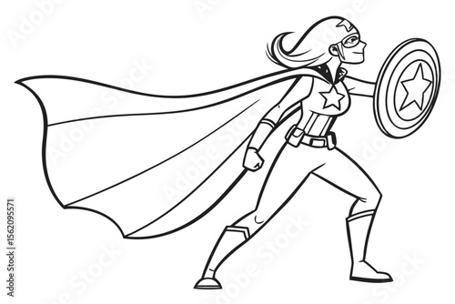 A brave female superheroine holding a glowing shield, ready for action. Simple line art for a children's coloring book, black and white, with thick outlines