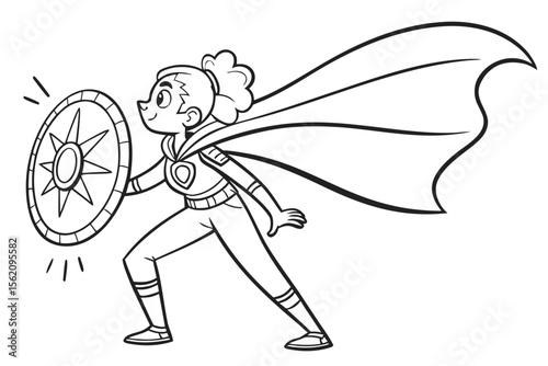 A brave female superheroine holding a glowing shield, ready for action. Simple line art for a children's coloring book, black and white, with thick outlines