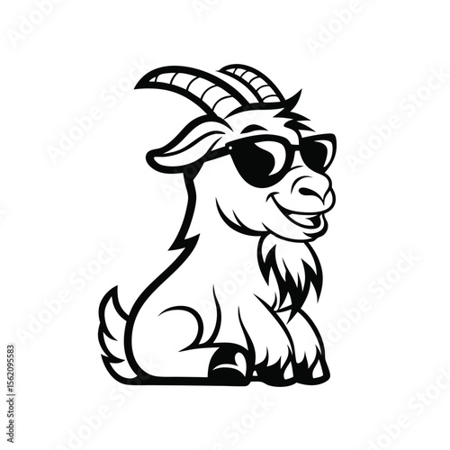 Cool goat wears sunglasses while sitting with a smile in a simple black design