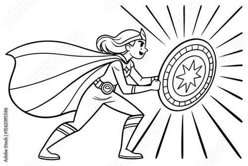A brave female superheroine holding a glowing shield, ready for action. Simple line art for a children's coloring book, black and white, with thick outlines