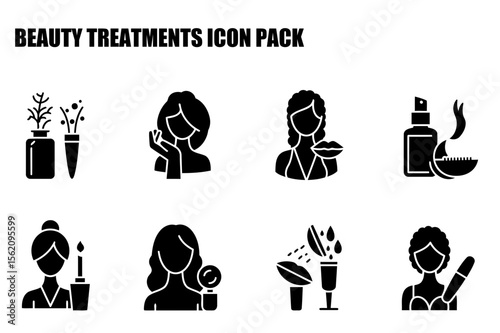 Beauty treatments icons featuring diverse female demographics in various beauty salon settings. Women applying skincare, cosmetic procedures, and treatments against a plain background.