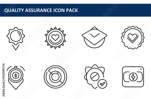 Quality assurance icons depicting various assurance measures. Simple, black and white line art icons for quality assurance.