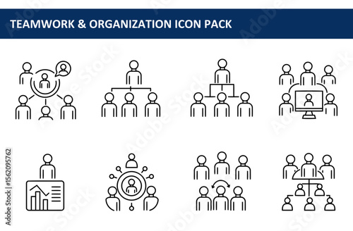 Teamwork and organization icons in various formats. Illustrations of people interacting in different scenarios within a professional setting.