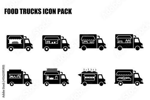 Food truck icons in various configurations with food displays. Simple, stylized food truck icons for use in a variety of applications. Collection of food trucks. general use -