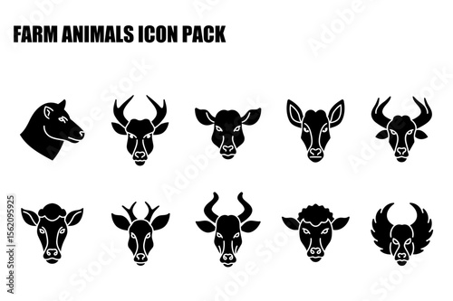 Farm animal icons in black and white silhouette style. Collection of animal head portraits in front view.