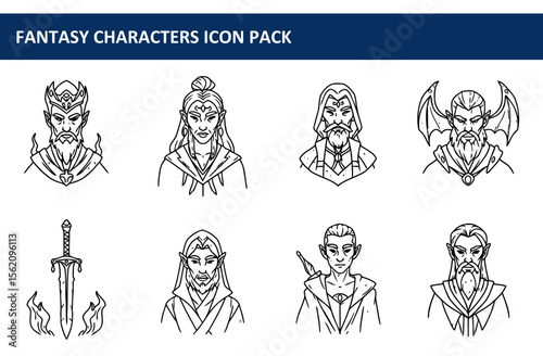Fantasy character icons of various demographics in robes/crowns/wings. Portraits with swords/fire/backgrounds with fantasy characters of different backgrounds.