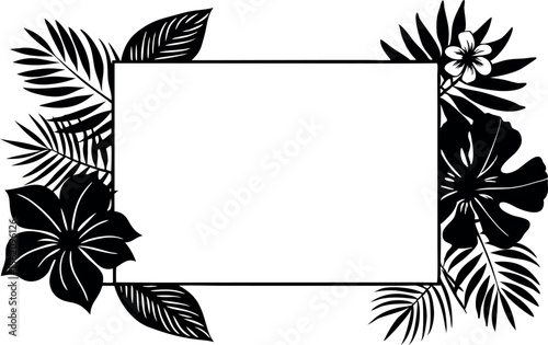 Tropical Floral Border with Monstera Leaves and Palm Fronds in Black and White Design for Invitation or Greeting Card
