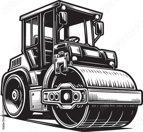 Heavy Construction Vehicle Compacting Road Surface,  Powerful Roadwork Machinery Illustration.